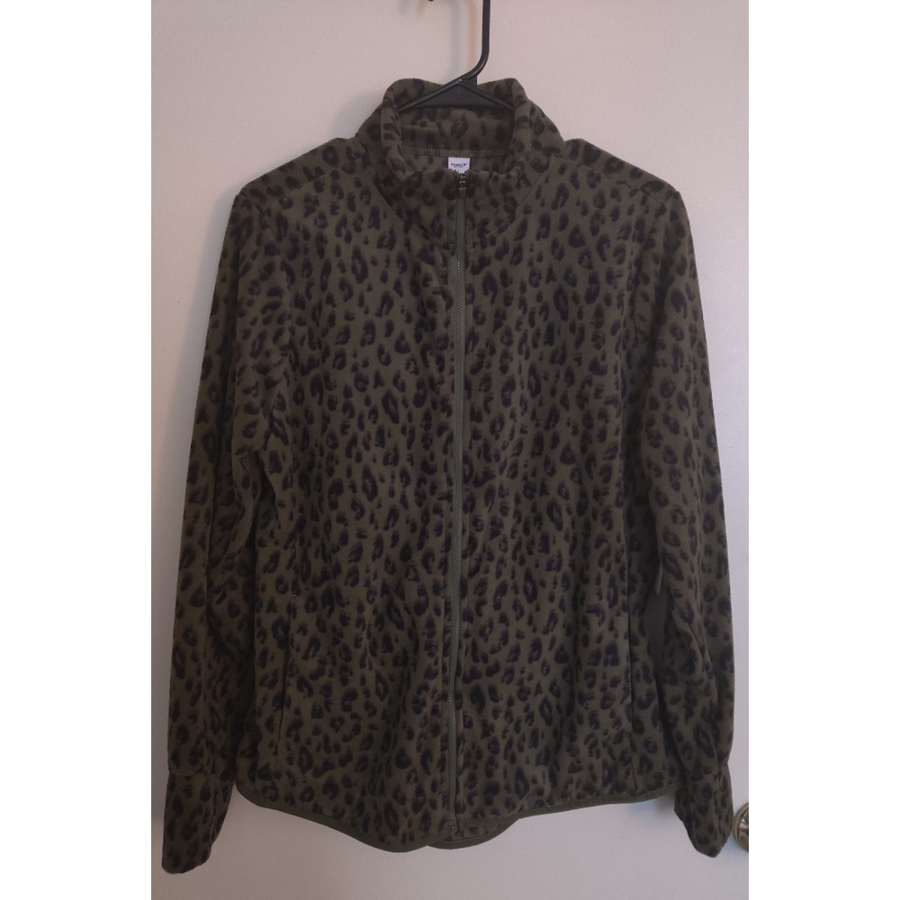 Olive green/animal print fleece workout jacket